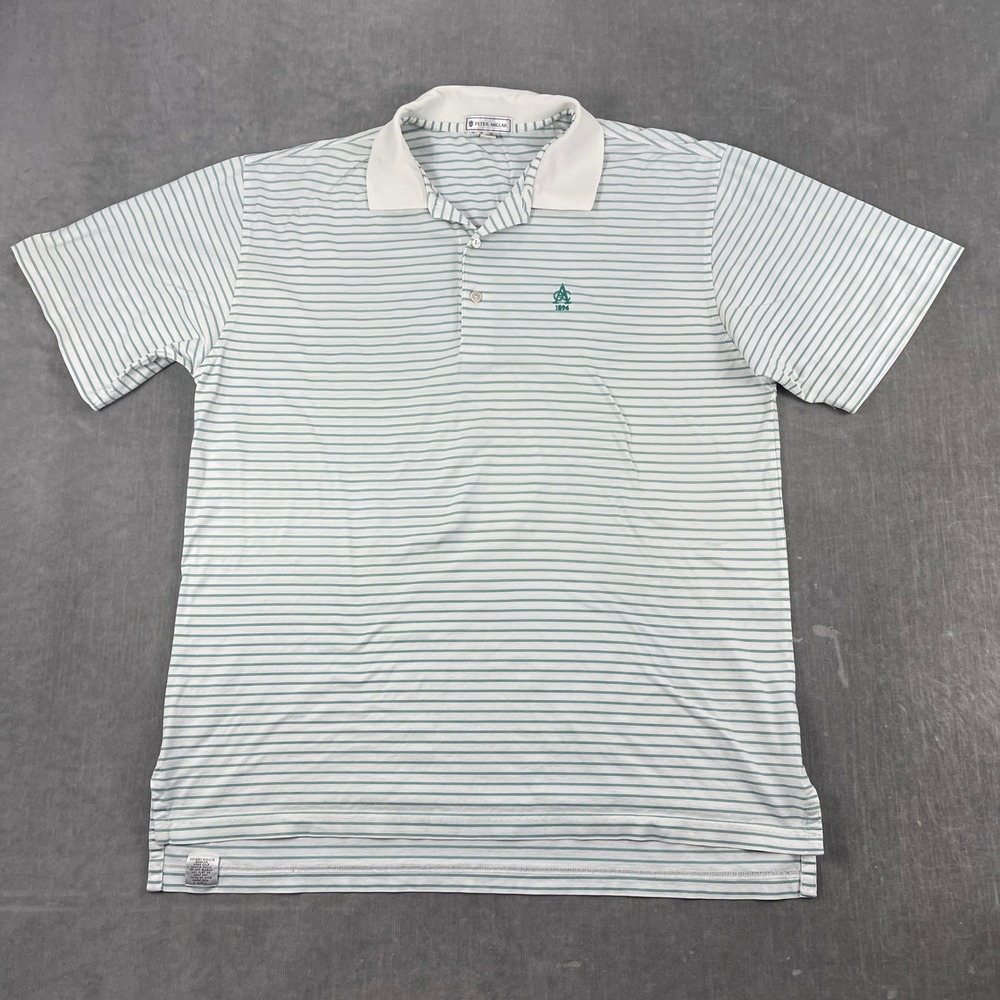Peter Millar Mens M White Green Striped Polo Shirt AGC 1896 Golf Short Sleeve